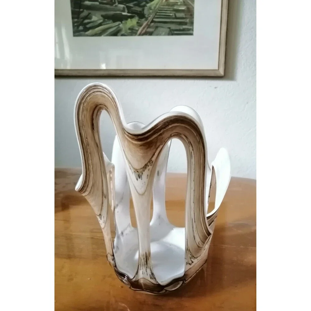 Makora Krosno Blown Handmade Art Glass Open Vase Candle Holder Poland VTG